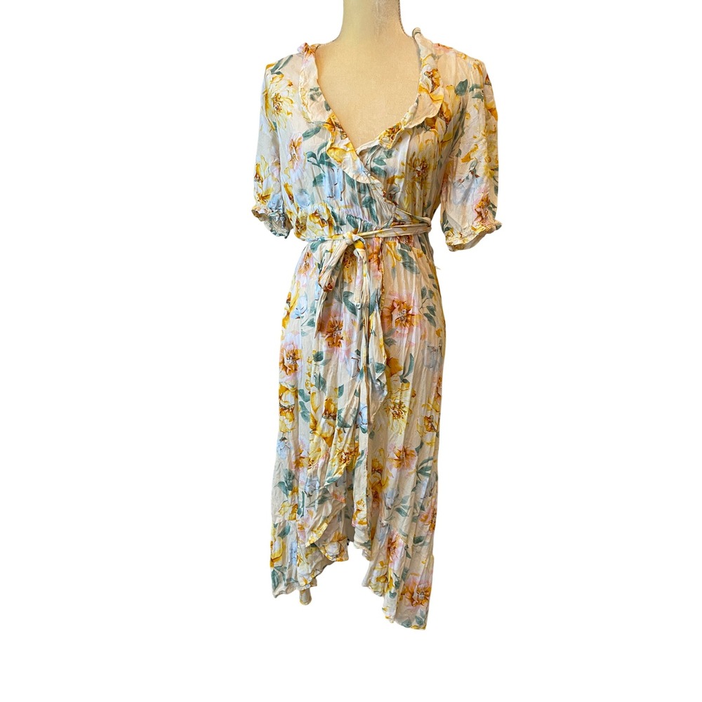 Old Navy Yellow Floral Ruffle Wrap Midi Dress Short Puff Sleeve Medium